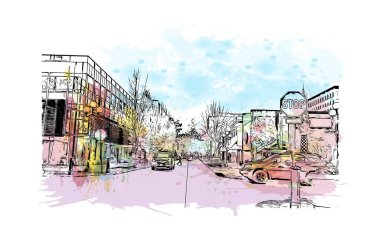 Eugene 'in simgesi olan Print Building Manzarası Oregon' da bir şehirdir. Vektörde elle çizilmiş resim ile suluboya sıçraması.