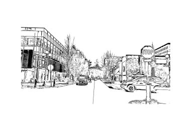 Eugene 'in simgesi olan Print Building Manzarası Oregon' da bir şehirdir. Vektörde elle çizilmiş çizim çizimi.