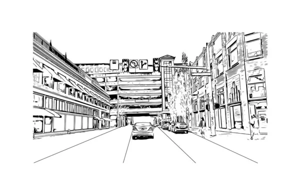 印刷ユージンのランドマークとビルの景色はオレゴン州の都市です 手描きのスケッチ図ベクトル — ストックベクタ