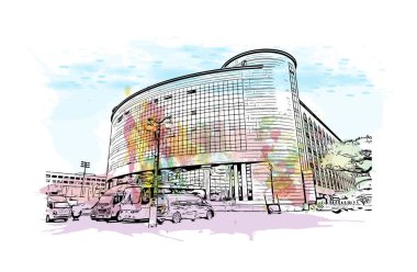 Print Building view with landmark of Uijeongbu Güney Kore 'de bir şehirdir. Vektörde elle çizilmiş resim ile suluboya sıçraması.