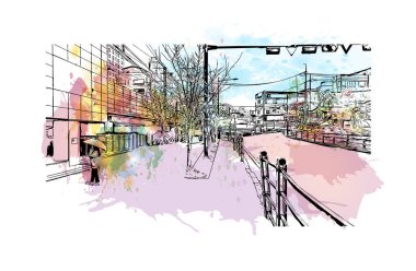 Print Building view with landmark of Uijeongbu Güney Kore 'de bir şehirdir. Vektörde elle çizilmiş resim ile suluboya sıçraması.