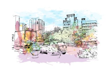 Print Building view with landmark of Uijeongbu Güney Kore 'de bir şehirdir. Vektörde elle çizilmiş resim ile suluboya sıçraması.