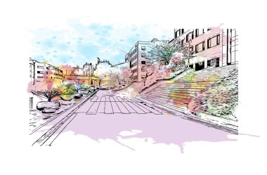 Print Building view with landmark of Uijeongbu Güney Kore 'de bir şehirdir. Vektörde elle çizilmiş resim ile suluboya sıçraması.