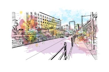 Print Building view with landmark of Uijeongbu Güney Kore 'de bir şehirdir. Vektörde elle çizilmiş resim ile suluboya sıçraması.