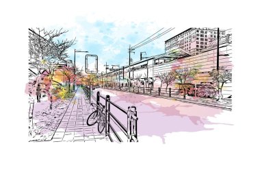 Print Building view with landmark of Uijeongbu Güney Kore 'de bir şehirdir. Vektörde elle çizilmiş resim ile suluboya sıçraması.