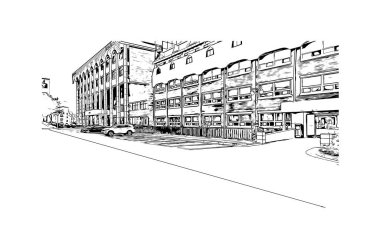 Print Building view with landmark of Uijeongbu Güney Kore 'de bir şehirdir. Vektörde elle çizilmiş çizim çizimi.