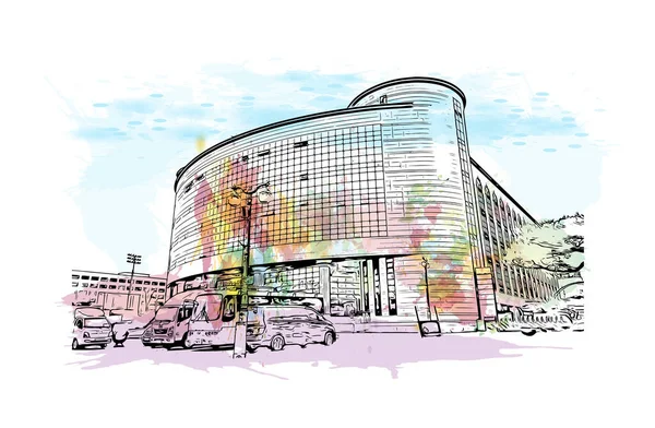 Print Building view with landmark of Uijeongbu Güney Kore 'de bir şehirdir. Vektörde elle çizilmiş resim ile suluboya sıçraması.