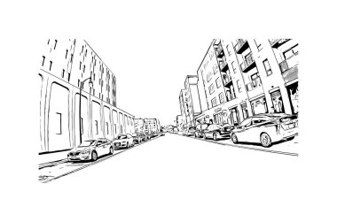 Fargo 'nun simgesi olan Print Building View, Kuzey Dakota' da yer almaktadır. Vektörde elle çizilmiş çizim çizimi.