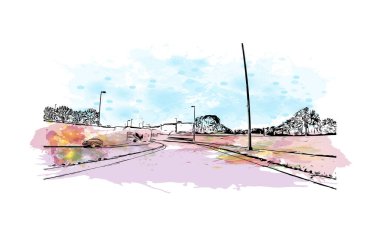 Fargo 'nun simgesi olan Print Building View, Kuzey Dakota' da yer almaktadır. Vektörde elle çizilmiş resim ile suluboya sıçraması.