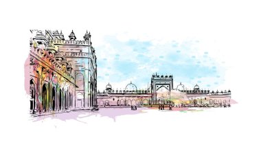 Print Building view with landmark of Fatehpur is the city in India. Vektörde elle çizilmiş resim ile suluboya sıçraması.