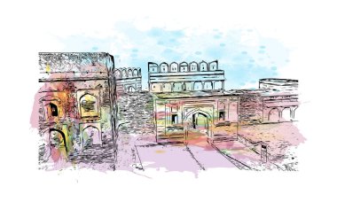 Print Building view with landmark of Fatehpur is the city in India. Vektörde elle çizilmiş resim ile suluboya sıçraması.