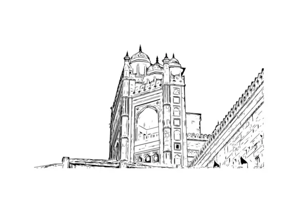Vytisknout Stavební Pohled Orientačním Bodem Fatehpur Město Indii Ručně Kreslená — Stockový vektor