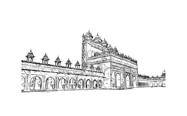 带有Fatehpur地标的打印建筑视图是印度的一个城市 矢量手绘草图 — 图库矢量图片