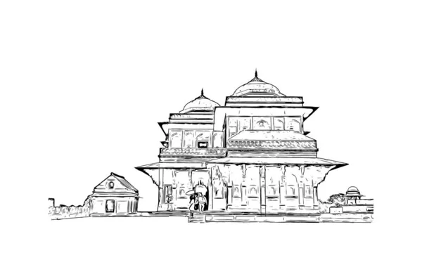 Print Building View Landmark Fatehpur Staden Indien Handritad Skiss Illustration — Stock vektor