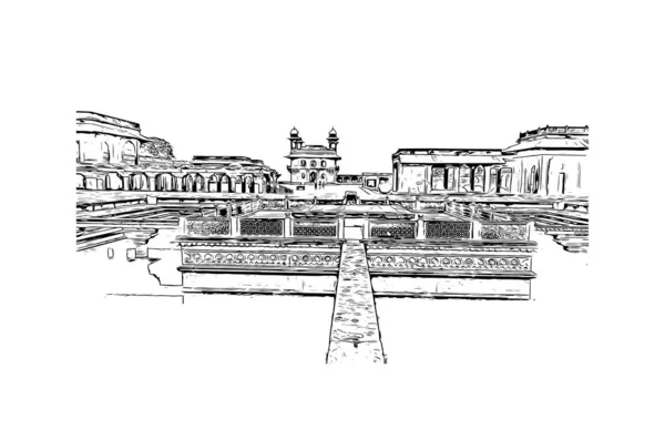 Print Building View Landmark Fatehpur City India Vektörde Elle Çizilmiş — Stok Vektör