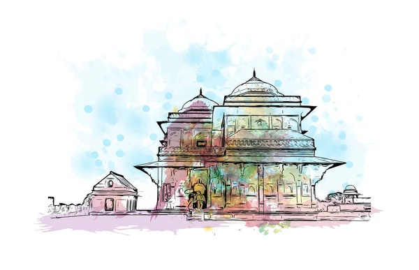 带有Fatehpur地标的打印建筑视图是印度的一个城市 矢量手绘示意图水彩画 — 图库矢量图片