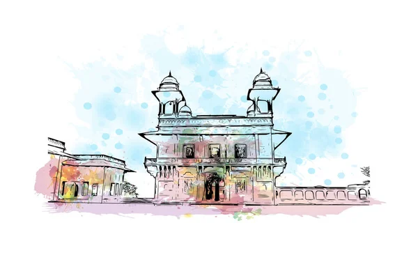 带有Fatehpur地标的打印建筑视图是印度的一个城市 矢量手绘示意图水彩画 — 图库矢量图片