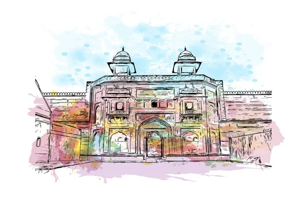 Print Building View Landmark Fatehpur City India Watercolor Splash Hand — Stock Vector