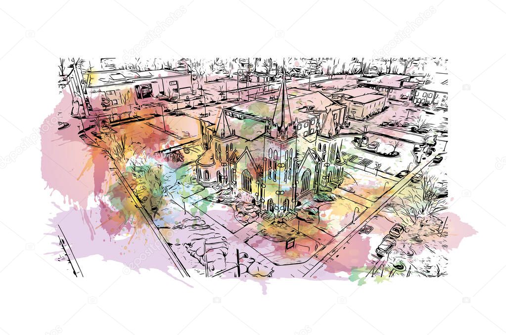 Print Building view with landmark of Fayetteville is a city in North Carolina. Watercolor splash with hand drawn sketch illustration in vector.