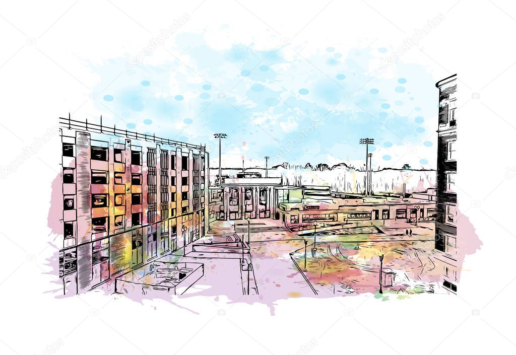 Print Building view with landmark of Fayetteville is a city in North Carolina. Watercolor splash with hand drawn sketch illustration in vector.