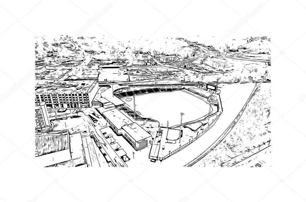 Print Building view with landmark of Fayetteville is a city in North Carolina. Hand drawn sketch illustration in vector.
