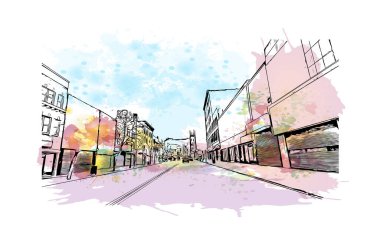 Elizabeth 'in dönüm noktası olan Print Building View New Jersey' de bulunmaktadır. Vektörde elle çizilmiş resim ile suluboya sıçraması.
