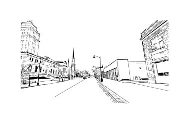 Elizabeth 'in dönüm noktası olan Print Building View New Jersey' de bulunmaktadır. Vektörde elle çizilmiş çizim çizimi.
