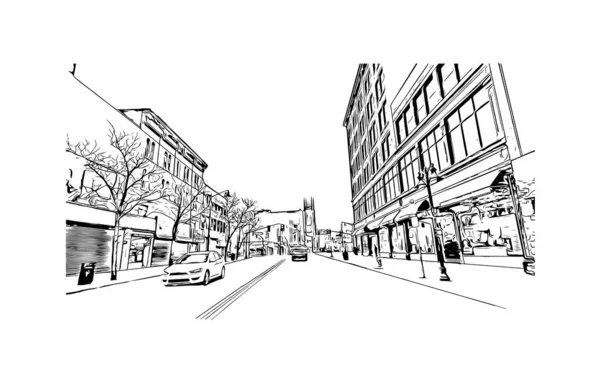 印刷エリザベスのランドマークとビルのビューは ニュージャージー州の都市です 手描きのスケッチ図ベクトル — ストックベクタ
