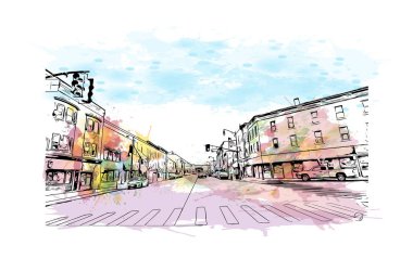 Elizabeth 'in dönüm noktası olan Print Building View New Jersey' de bulunmaktadır. Vektörde elle çizilmiş resim ile suluboya sıçraması.