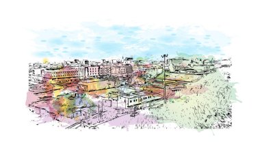 Print Building view with landmark of Erbil, the capital of Iraklı Kürdistan. Vektörde elle çizilmiş resim ile suluboya sıçraması.