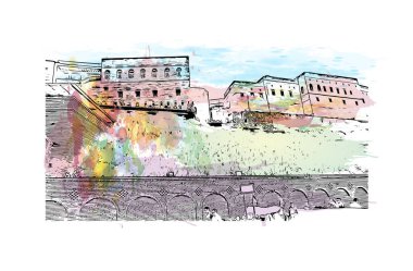 Print Building view with landmark of Erbil is the capital of Iraqi Kurdistan. Watercolor splash with hand drawn sketch illustration in vector. clipart