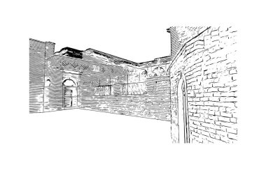 Print Building view with landmark of Erbil, the capital of Iraklı Kürdistan. Vektörde elle çizilmiş çizim çizimi.