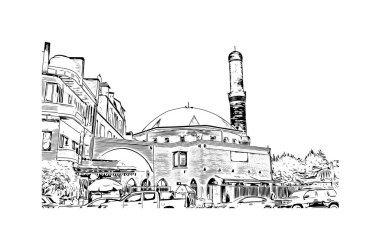 Print Building view with landmark of Erbil, the capital of Iraklı Kürdistan. Vektörde elle çizilmiş çizim çizimi.