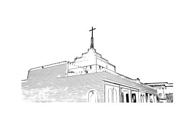 Print Building view with landmark of Erbil, the capital of Iraklı Kürdistan. Vektörde elle çizilmiş çizim çizimi.