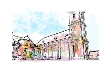 Print Building view with landmark of Erlangen is the city in Germany. Vektörde elle çizilmiş resim ile suluboya sıçraması.