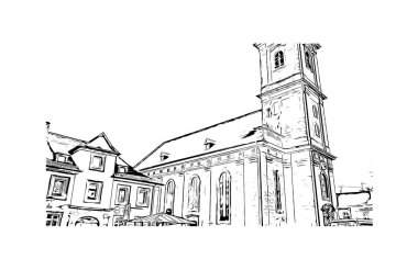 Print Building view with landmark of Erlangen is the city in Germany. Vektörde elle çizilmiş çizim çizimi.