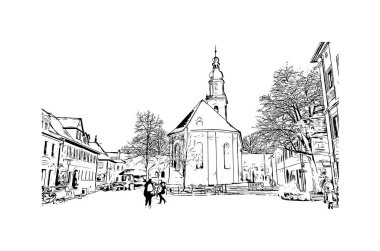 Print Building view with landmark of Erlangen is the city in Germany. Vektörde elle çizilmiş çizim çizimi.