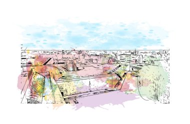 Print Building view with landmark of Erfurt is the city in Germany. Vektörde elle çizilmiş resim ile suluboya sıçraması.