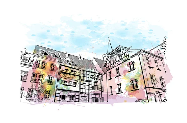 Print Building View Landmark Erfurt Staden Tyskland Akvarell Stänk Med — Stock vektor