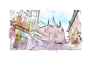 Print Building view with landmark of Erfurt is the city in Germany. Vektörde elle çizilmiş resim ile suluboya sıçraması.