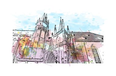 Print Building view with landmark of Erfurt is the city in Germany. Vektörde elle çizilmiş resim ile suluboya sıçraması.