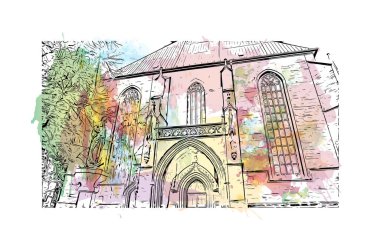 Print Building view with landmark of Erfurt is the city in Germany. Vektörde elle çizilmiş resim ile suluboya sıçraması.