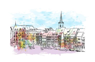 Print Building view with landmark of Erfurt is the city in Germany. Vektörde elle çizilmiş resim ile suluboya sıçraması.