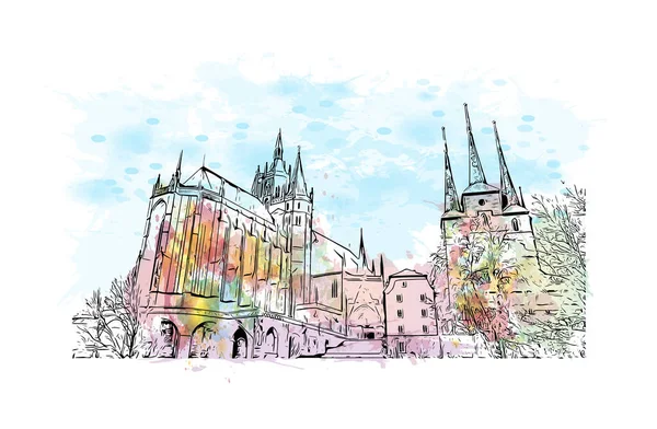 Imprimer Ville Erfurt Est Située Allemagne Aquarelle Éclaboussure Avec Dessin — Image vectorielle