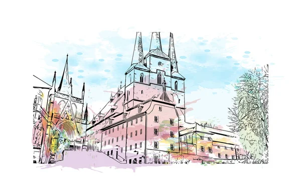 Print Building View Landmark Erfurt Város Németországban Akvarell Splash Kézzel — Stock Vector