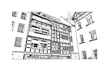 Print Building view with landmark of Erfurt is the city in Germany. Vektörde elle çizilmiş çizim çizimi.