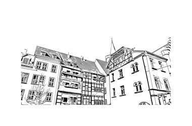 Print Building view with landmark of Erfurt is the city in Germany. Vektörde elle çizilmiş çizim çizimi.