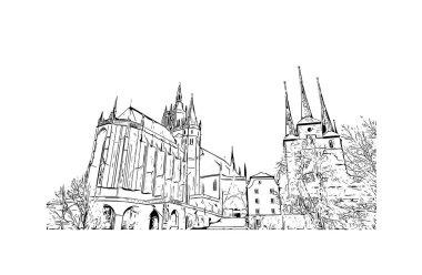Print Building view with landmark of Erfurt is the city in Germany. Vektörde elle çizilmiş çizim çizimi.
