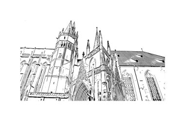 Print Building view with landmark of Erfurt is the city in Germany. Vektörde elle çizilmiş çizim çizimi.