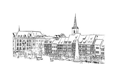 Print Building view with landmark of Erfurt is the city in Germany. Vektörde elle çizilmiş çizim çizimi.